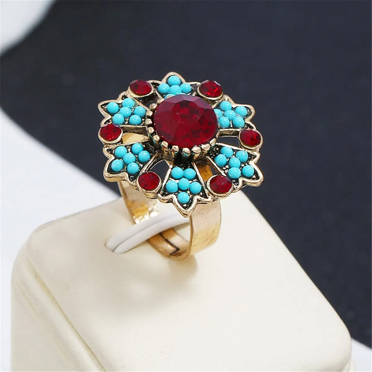 Red Cubic Zirconia & Turquoise Flower Cocktail Ring