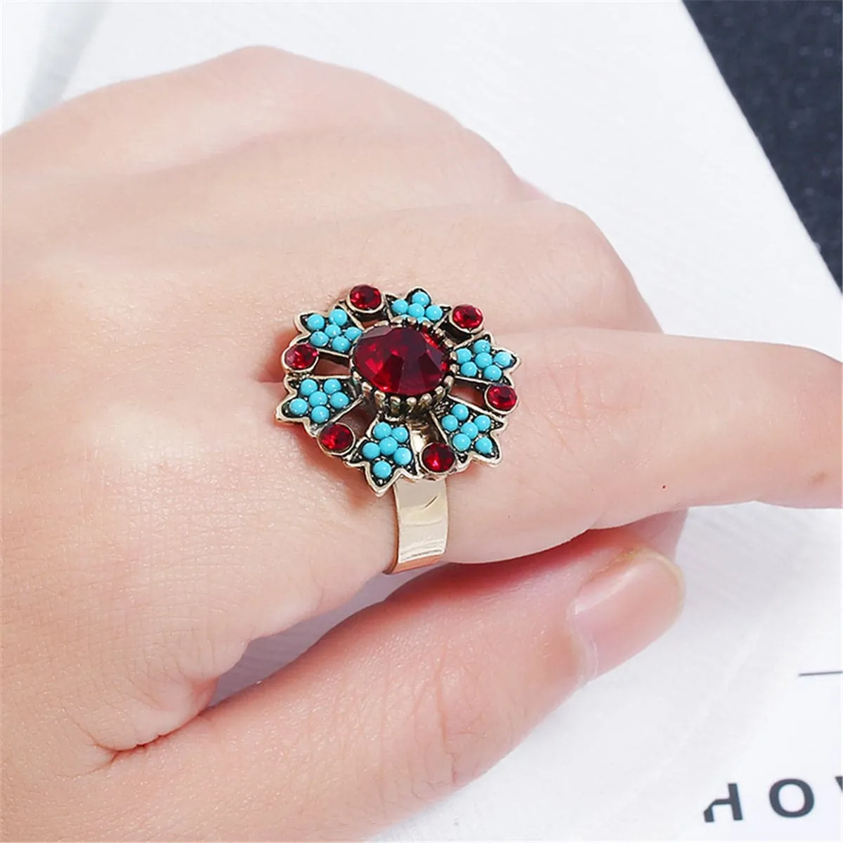 Red Cubic Zirconia & Turquoise Flower Cocktail Ring
