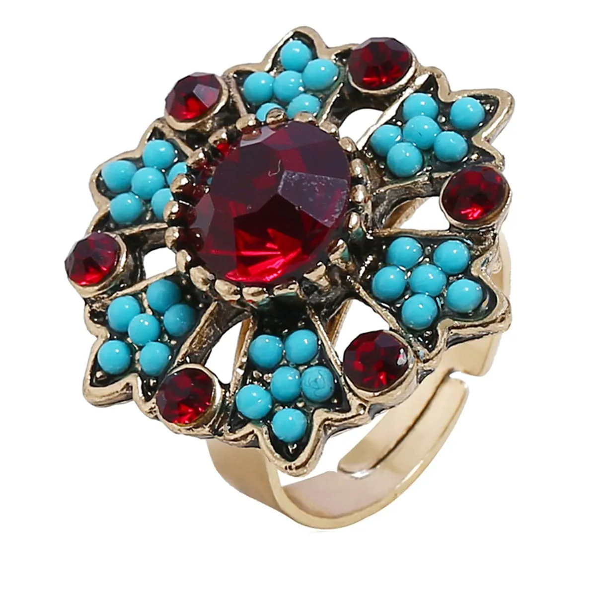 Red Cubic Zirconia & Turquoise Flower Cocktail Ring