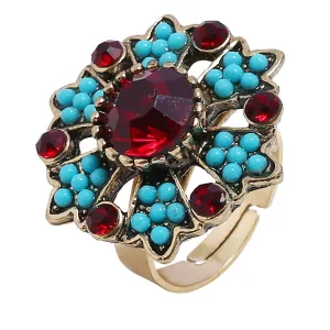 Red Cubic Zirconia & Turquoise Flower Cocktail Ring