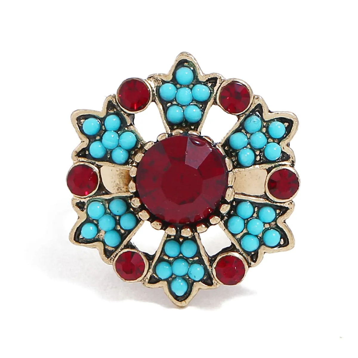 Red Cubic Zirconia & Turquoise Flower Cocktail Ring