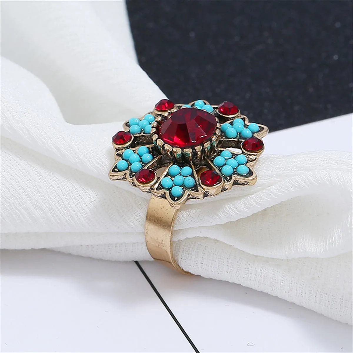 Red Cubic Zirconia & Turquoise Flower Cocktail Ring