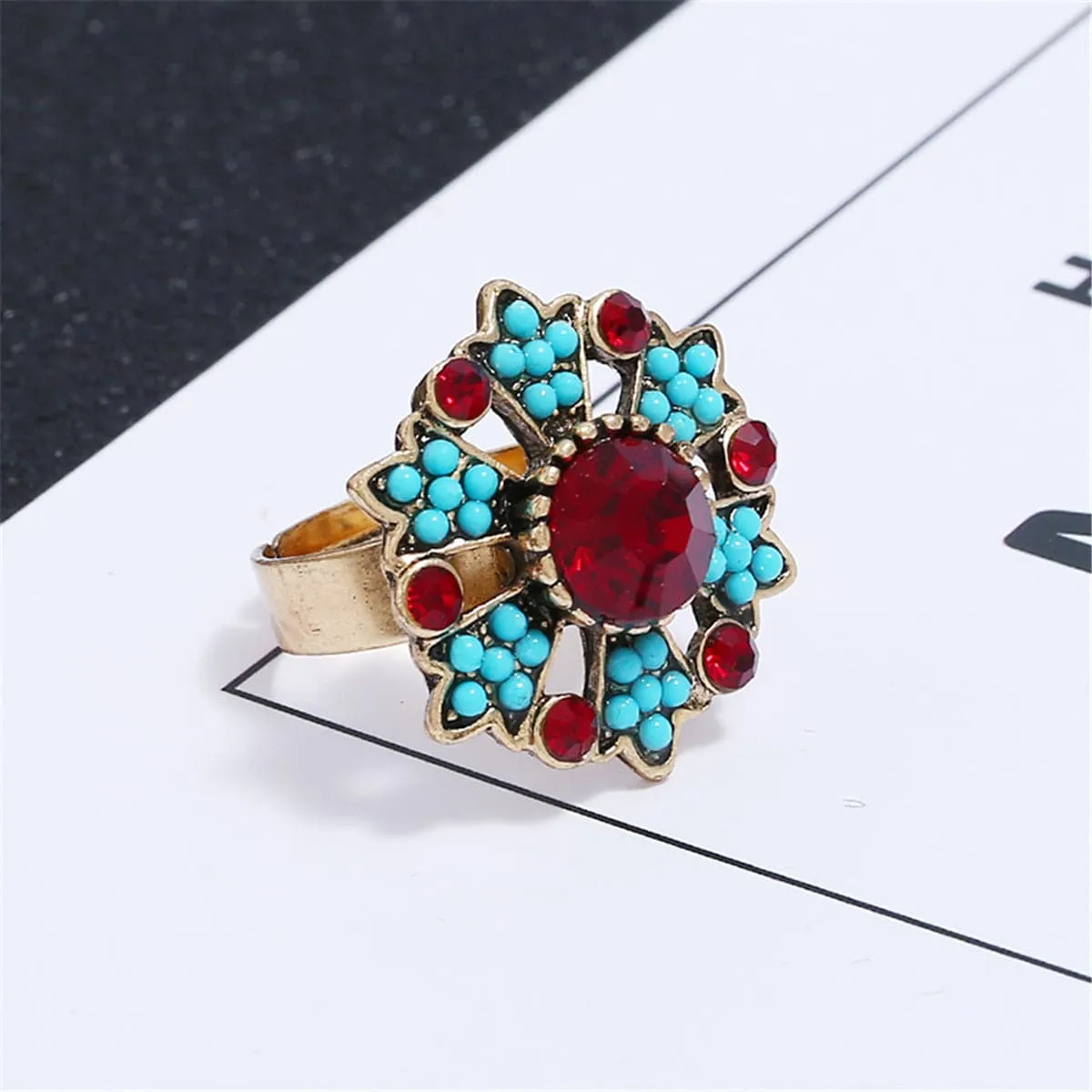 Red Cubic Zirconia & Turquoise Flower Cocktail Ring