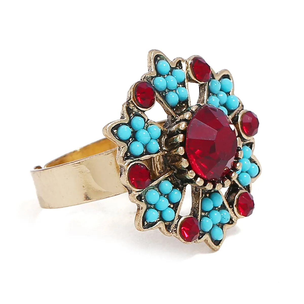 Red Cubic Zirconia & Turquoise Flower Cocktail Ring