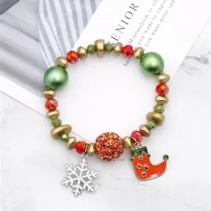 Red Enamel & Green Acrylic Snowflake Stocking Charm Stretch Bracelet