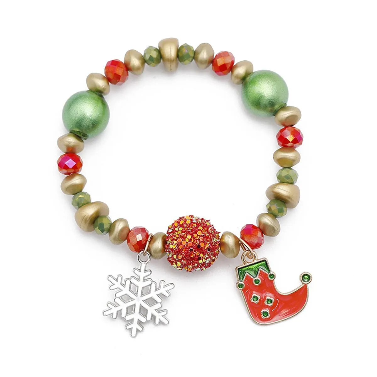 Red Enamel & Green Acrylic Snowflake Stocking Charm Stretch Bracelet