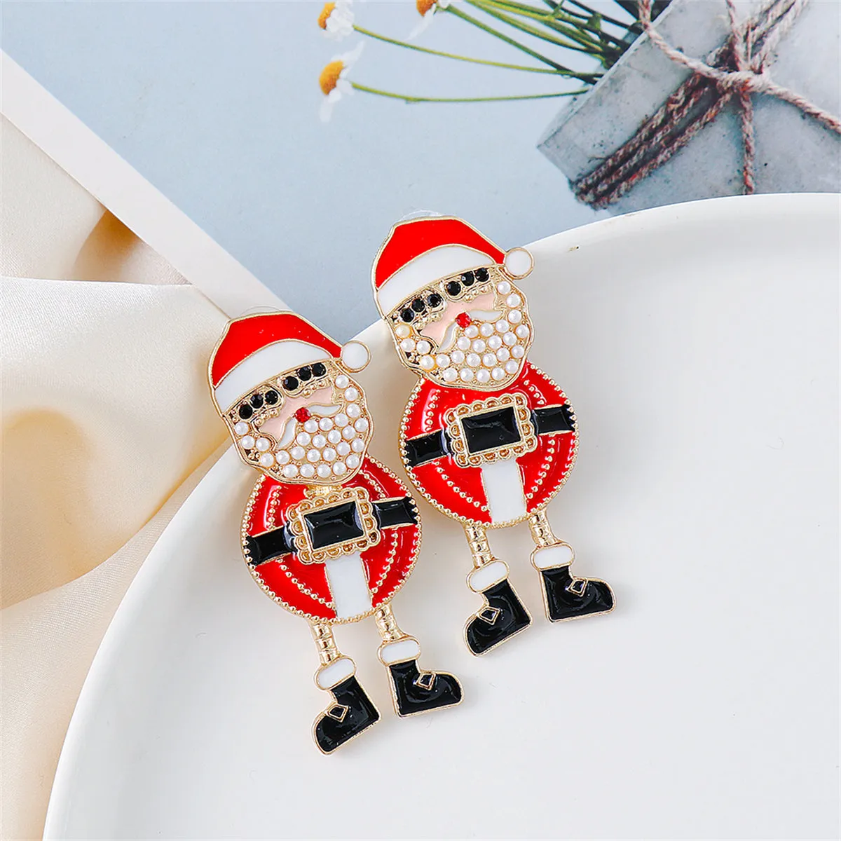 Red Enamel & Pearl 18K Gold-Plated Santa Drop Earrings