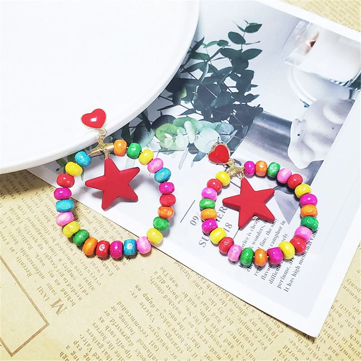 Red Multicolor Wood & Enamel 18K Gold-Plated Round Star Wooden Drop Earrings