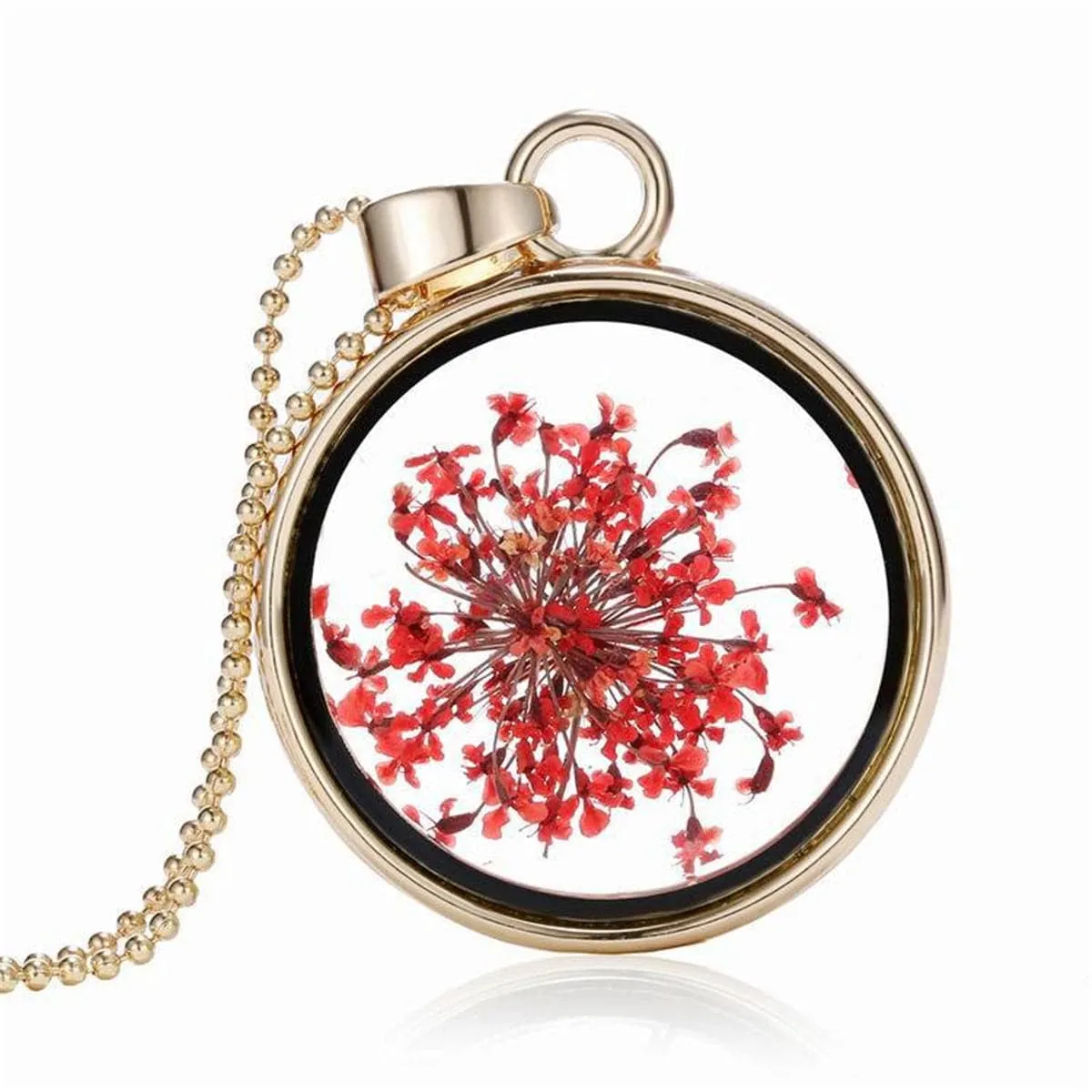 Red Pressed Gypsophila & 18K Gold-Plated Round Pendant Necklace