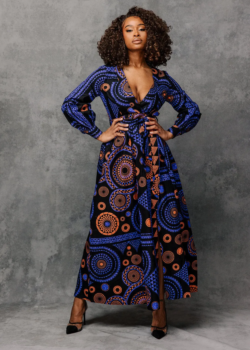 Rehema Women's African Print Faux Wrap Maxi Dress (Purple Mandala)