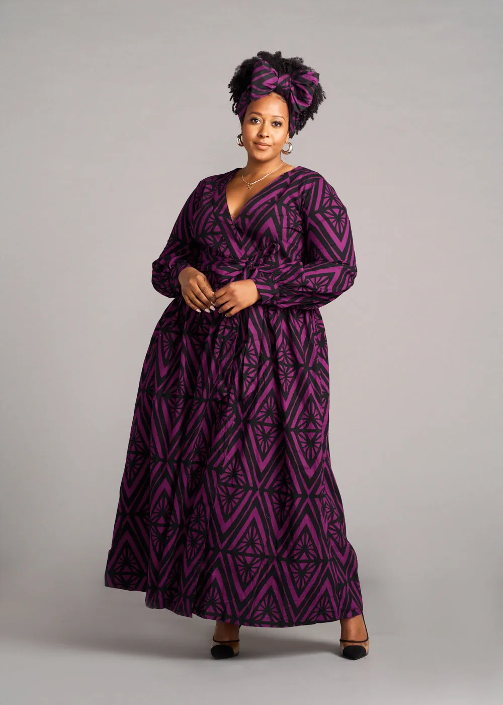 Rehema Women's African Print Maxi Dress (Plum Diamonds) - Clearance