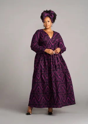 Rehema Women's African Print Maxi Dress (Plum Diamonds) - Clearance