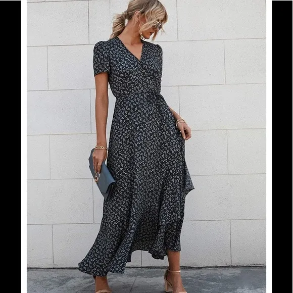 RETTYGARDEN Summer Wrap Maxi Dress Boho Ruffle Hem Split Beach Long Dresses XL