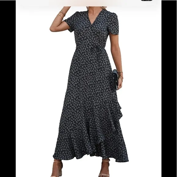 RETTYGARDEN Summer Wrap Maxi Dress Boho Ruffle Hem Split Beach Long Dresses XL