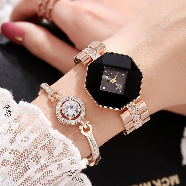 Rhombus-shaped Frame Women's Watch 2 Pcs Set