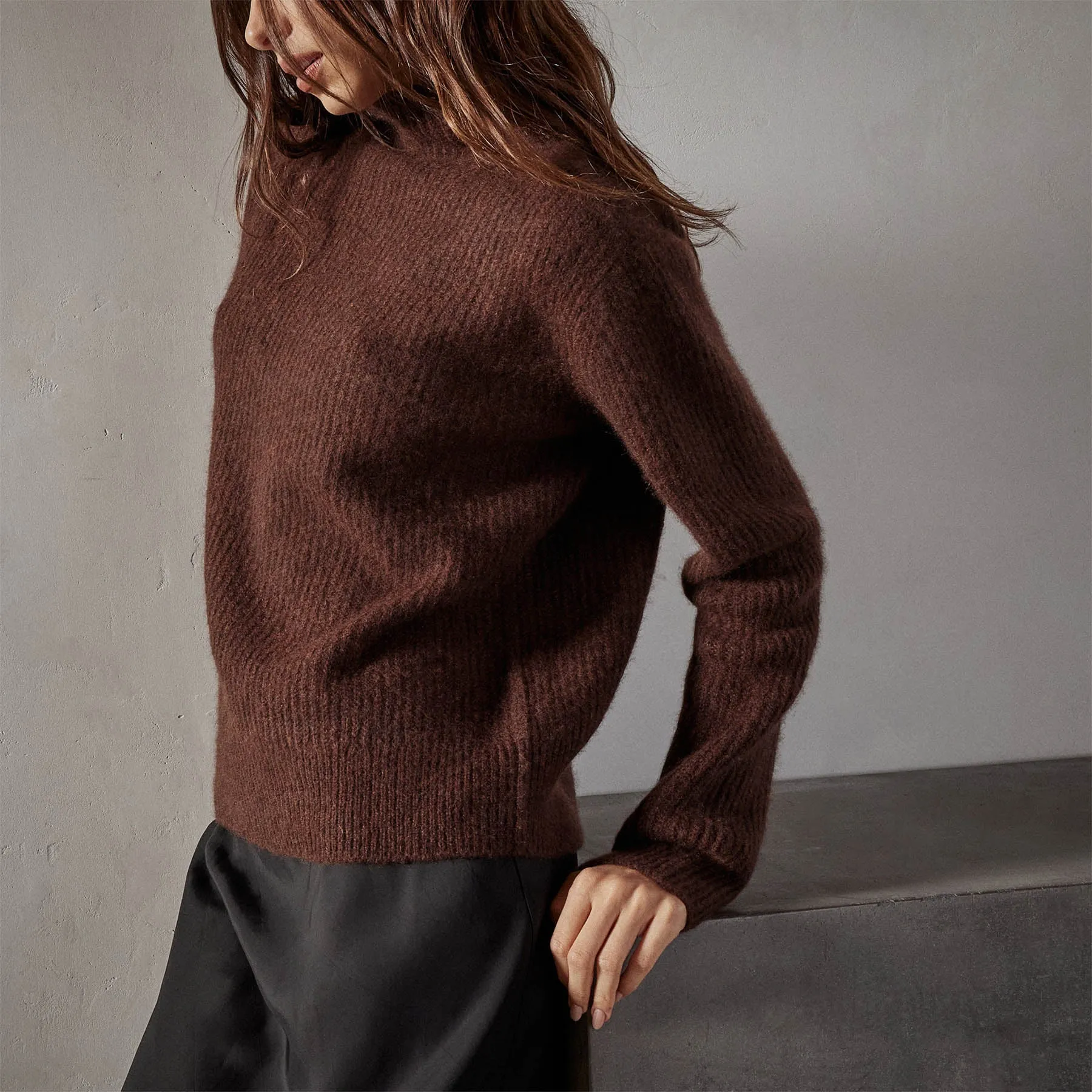 Rib Cashmere Funnel Neck Sweater - Americano
