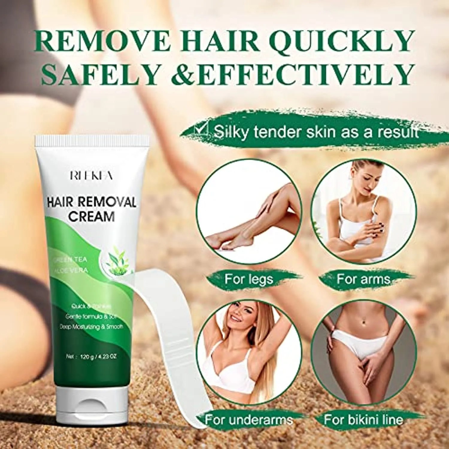 RNEKFA Hair Removal Cream with Green Tea & Aloe Safe and Gentle for Sensitive Skin Painless Non-Irritating Hair Remover for Leg Underarms Bikini Depilatory Cream for Women and Men 4.23 OZ