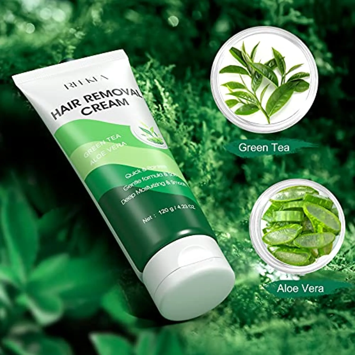 RNEKFA Hair Removal Cream with Green Tea & Aloe Safe and Gentle for Sensitive Skin Painless Non-Irritating Hair Remover for Leg Underarms Bikini Depilatory Cream for Women and Men 4.23 OZ