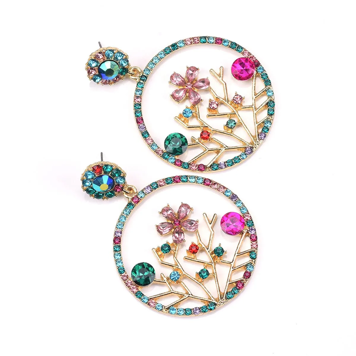 Rose Crystal & Cubic Zirconia Floral Circle Drop Earrings