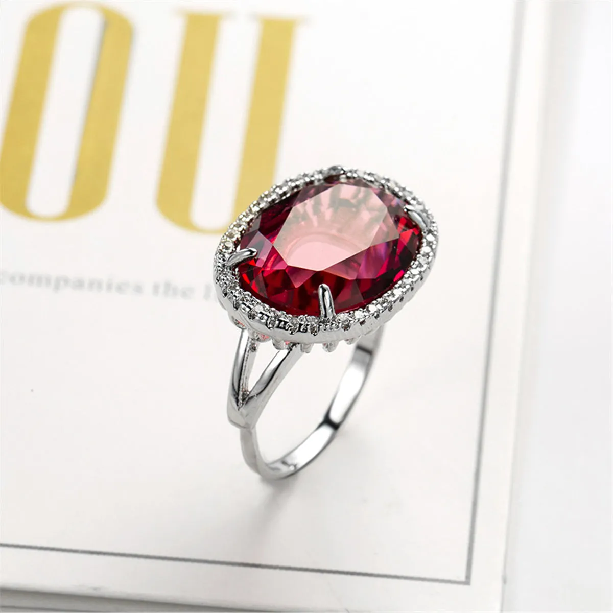 Rose Crystal & Cubic Zirconia Oval Halo Adjustable Ring