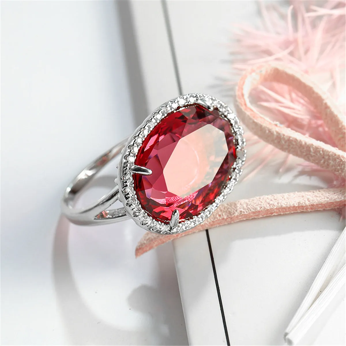 Rose Crystal & Cubic Zirconia Oval Halo Adjustable Ring