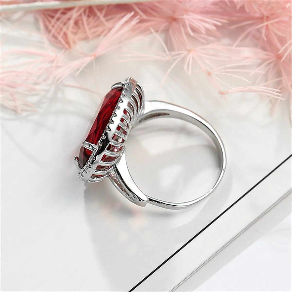 Rose Crystal & Cubic Zirconia Oval Halo Adjustable Ring