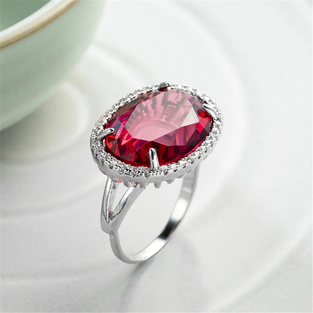 Rose Crystal & Cubic Zirconia Oval Halo Adjustable Ring