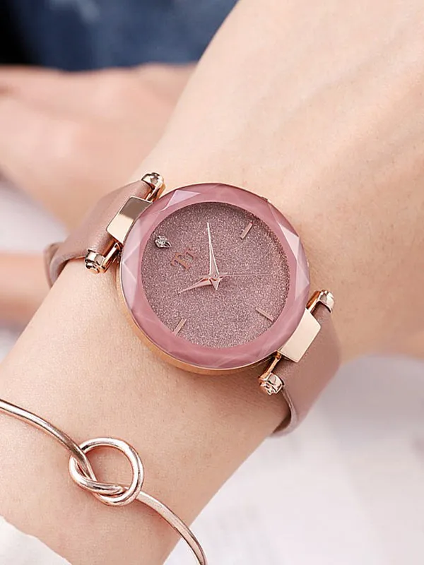 Rose gold Pink Leather Strap Women's Watch