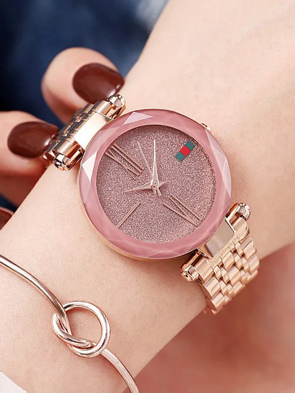 Rose gold Pink Leather Strap Women's Watch