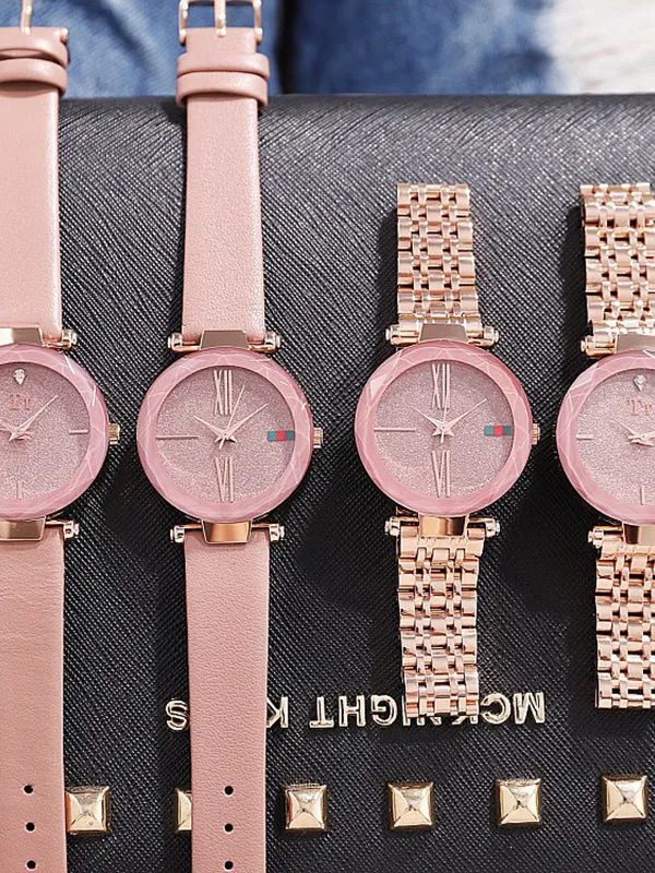 Rose gold Pink Leather Strap Women's Watch