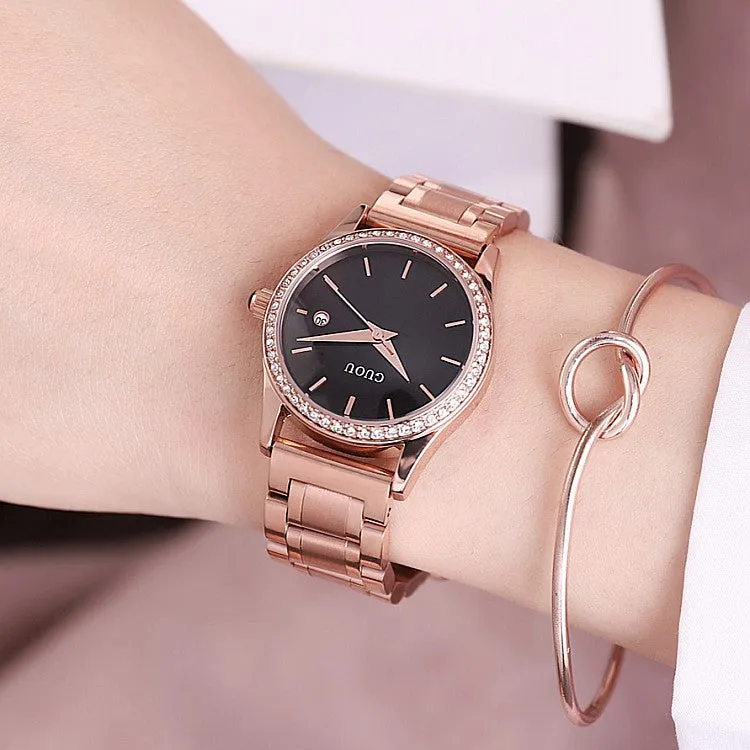 Rose Gold Stainless Steel Strap Women's Watch With Calendar