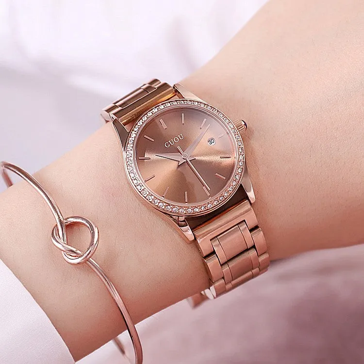 Rose Gold Stainless Steel Strap Women's Watch With Calendar