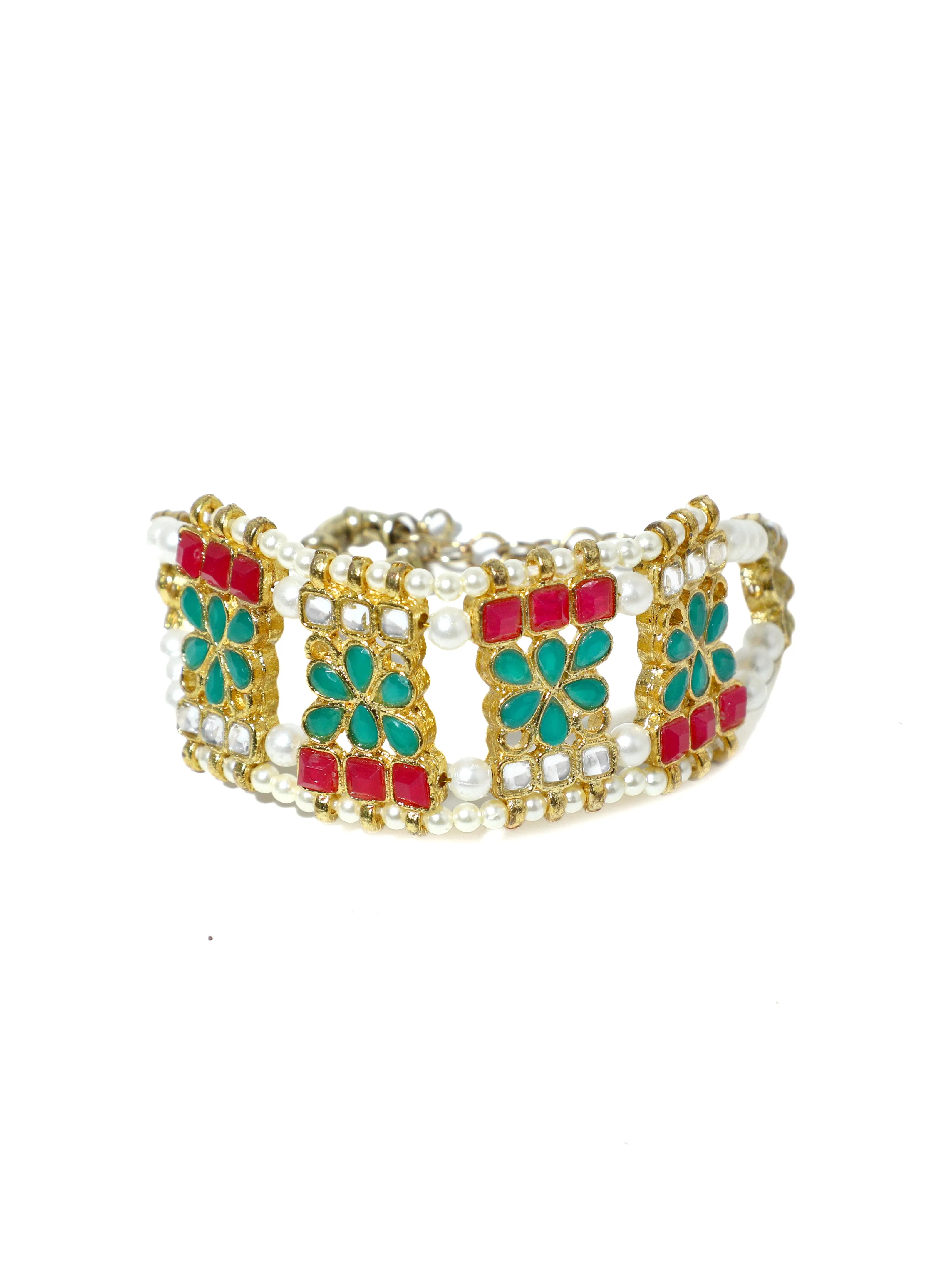 Ruby and Green Kundan Studded Handcrafted Bracelet