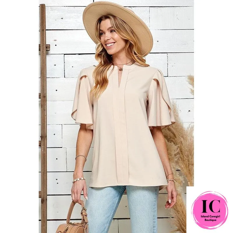 See You Out Light Sand Ruffled Blouse