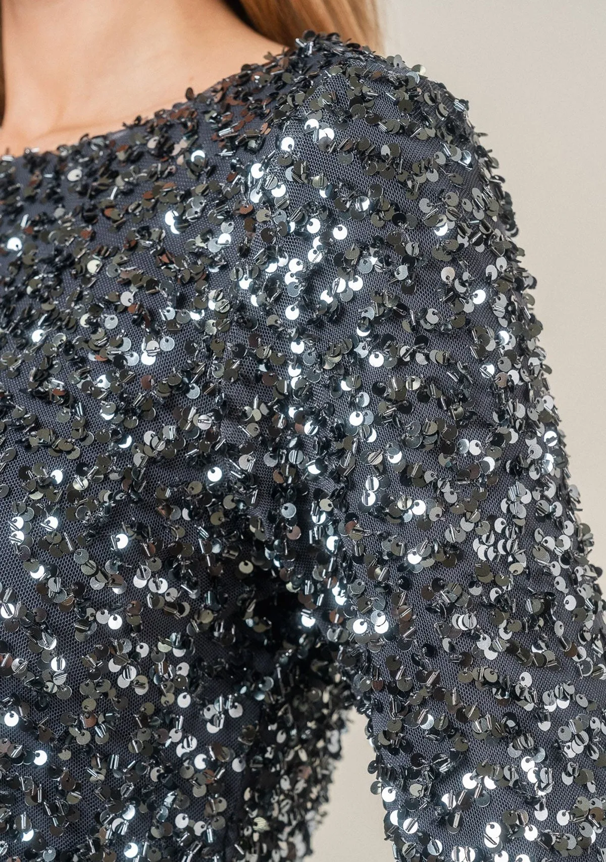 Sequins Slit Bell Slv Back Opening Mini Dress Grey