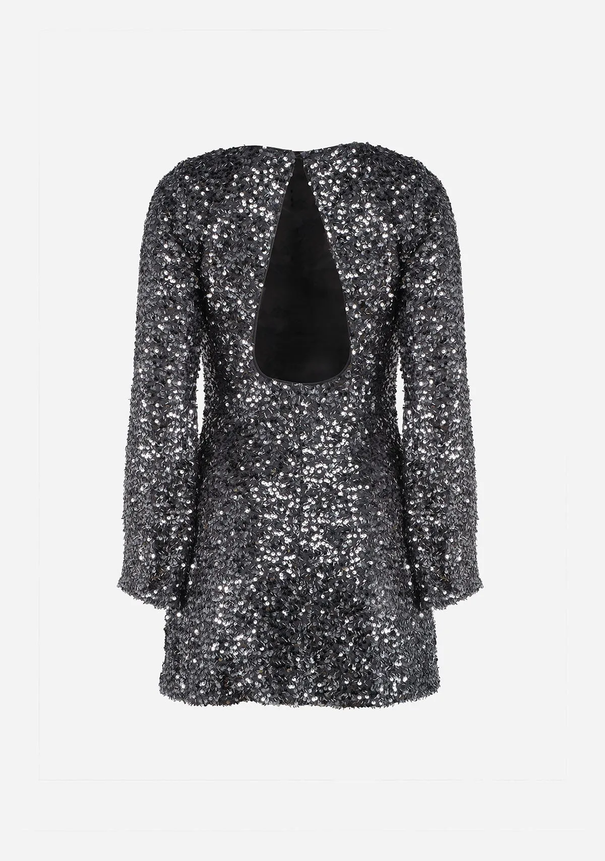 Sequins Slit Bell Slv Back Opening Mini Dress Grey