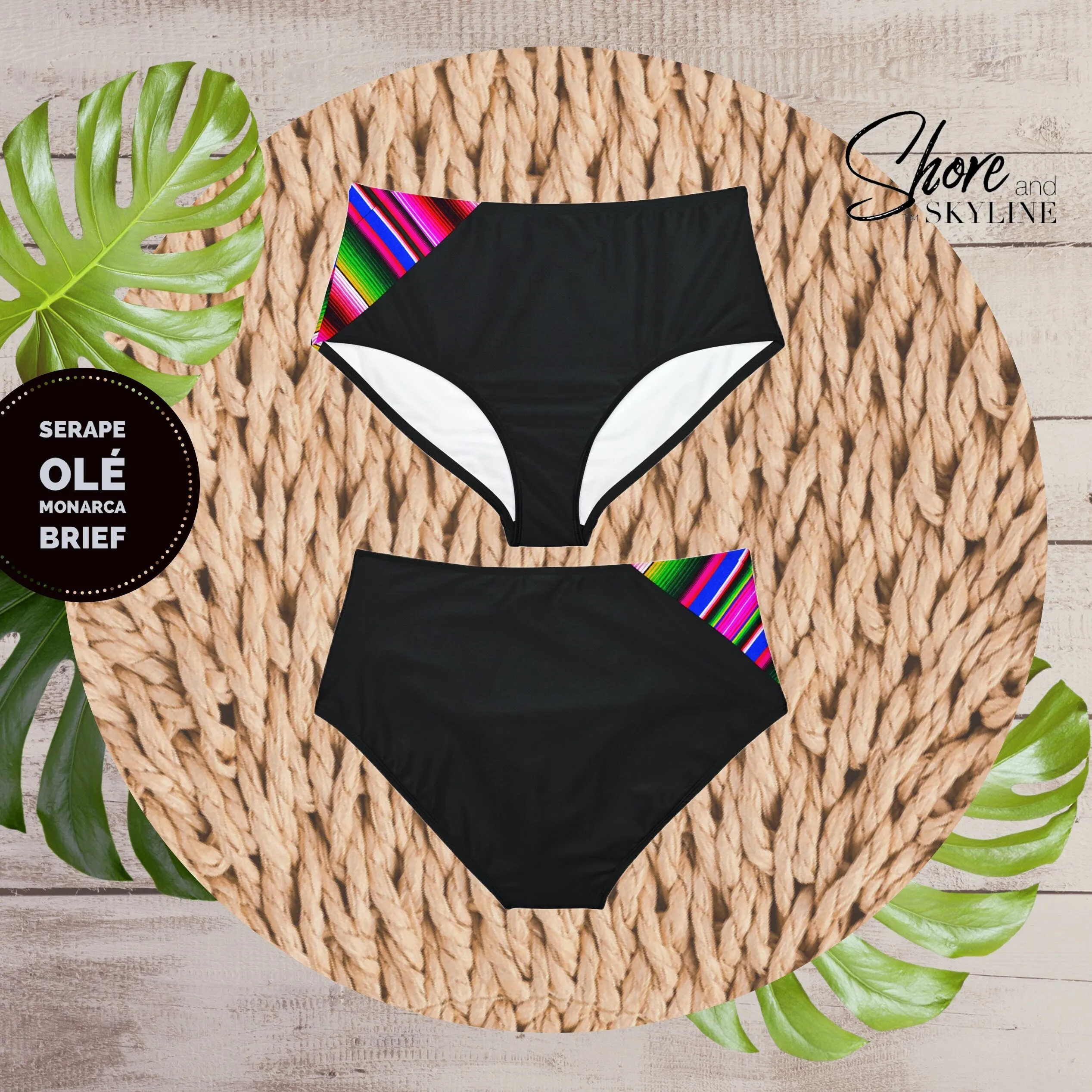 Serape Olé striped Baronesa bikini   black or white ties halter two piece swimsuit strappy side-ties Mexican multicolor fiesta coordinates