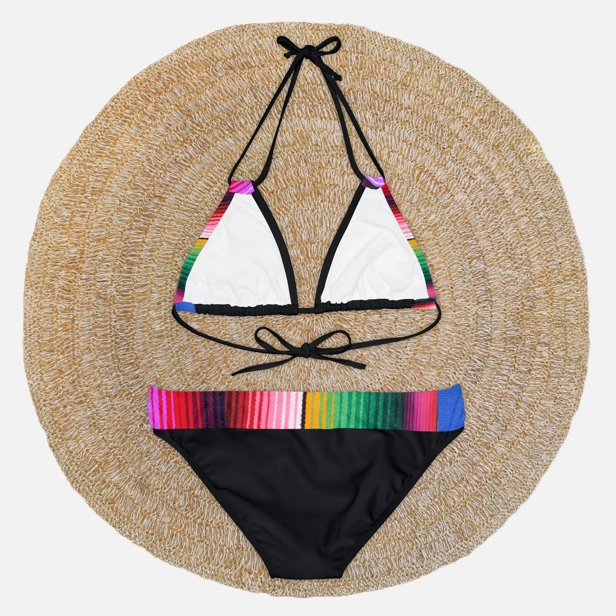 Serape Olé striped Baronesa bikini   black or white ties halter two piece swimsuit strappy side-ties Mexican multicolor fiesta coordinates