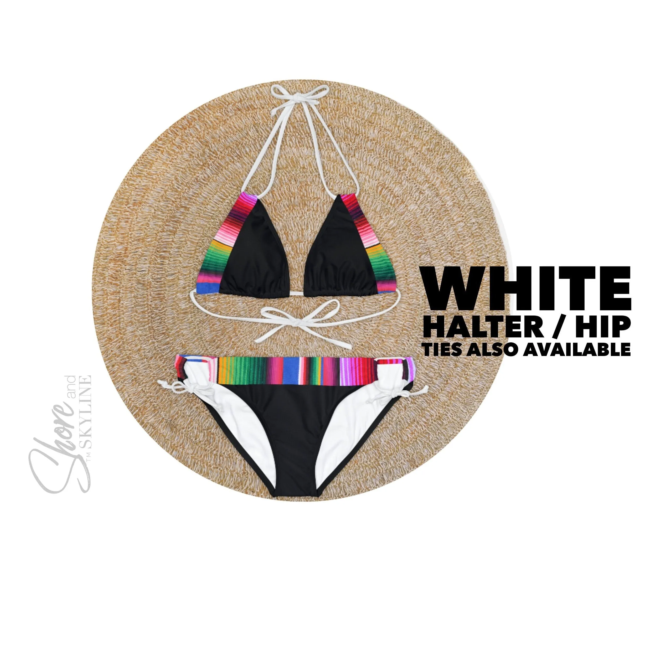 Serape Olé striped Baronesa bikini   black or white ties halter two piece swimsuit strappy side-ties Mexican multicolor fiesta coordinates