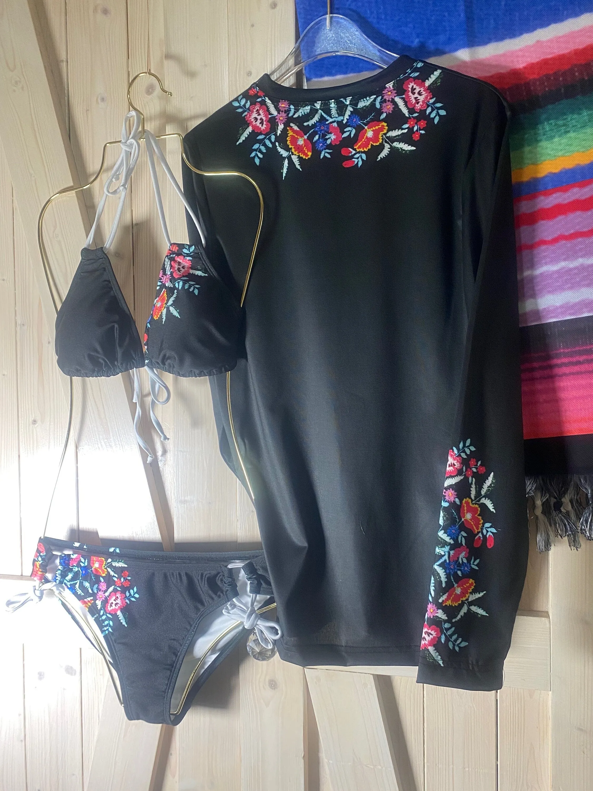 Serape Olé striped Baronesa bikini   black or white ties halter two piece swimsuit strappy side-ties Mexican multicolor fiesta coordinates