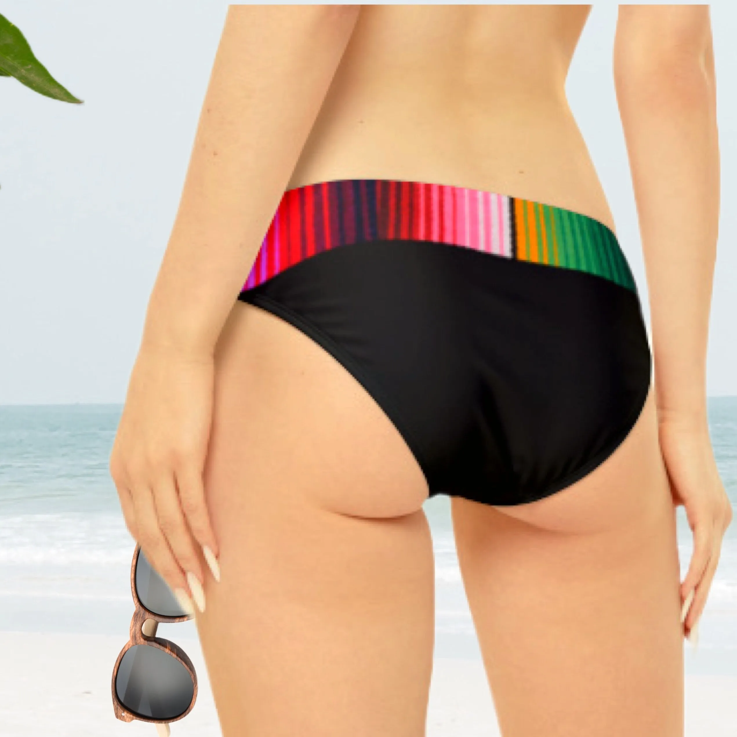 Serape Olé striped Baronesa bikini   black or white ties halter two piece swimsuit strappy side-ties Mexican multicolor fiesta coordinates