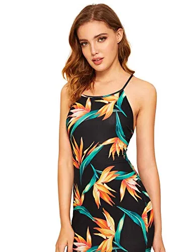 SheIn Women's Floral Strappy Backless Summer Evening Party Maxi Dress Black Flower Medium