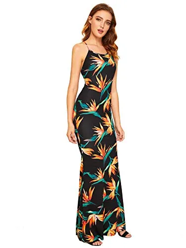 SheIn Women's Floral Strappy Backless Summer Evening Party Maxi Dress Black Flower Medium