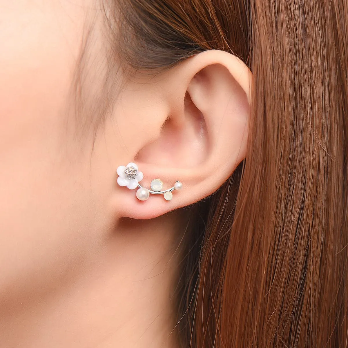 Shell & Pearl Silver-Plated Floral Ear Climbers