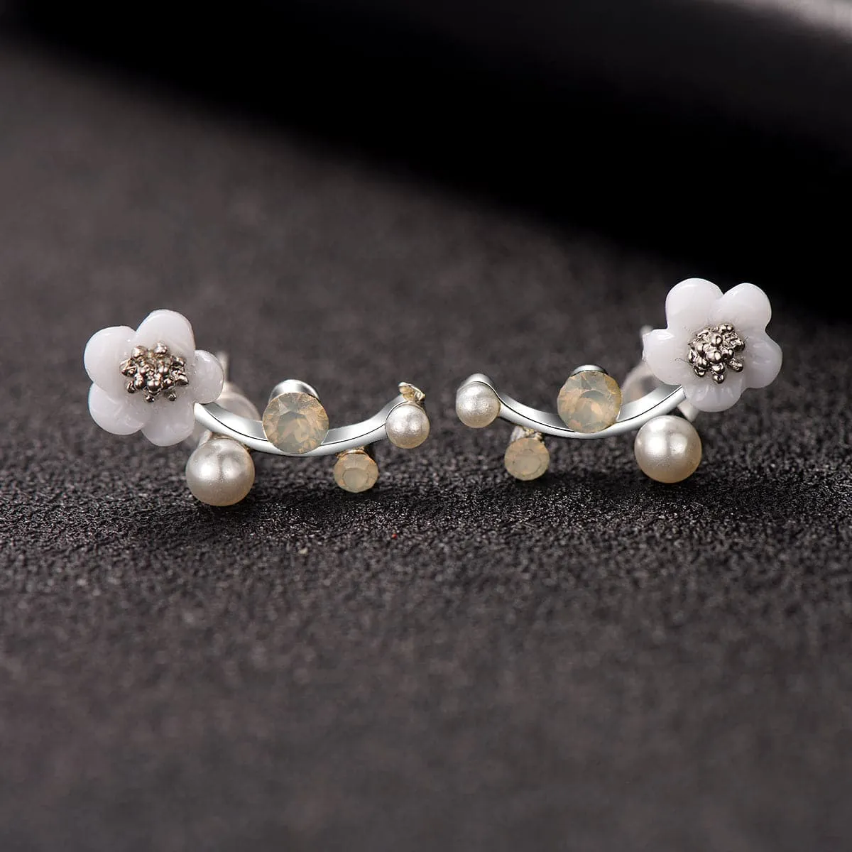 Shell & Pearl Silver-Plated Floral Ear Climbers