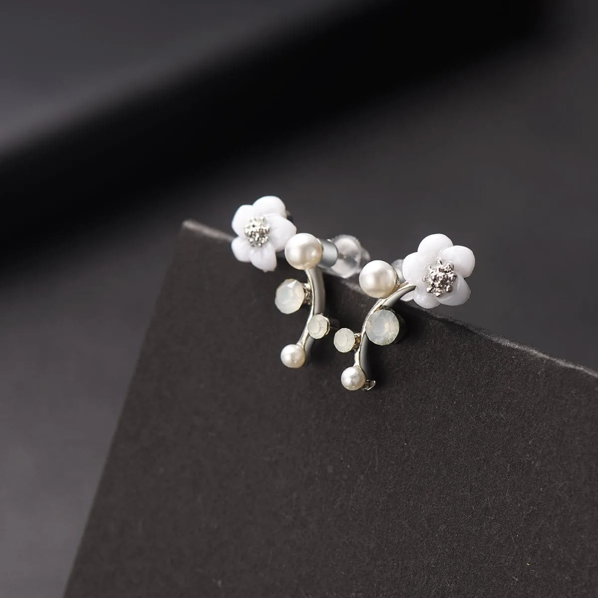 Shell & Pearl Silver-Plated Floral Ear Climbers