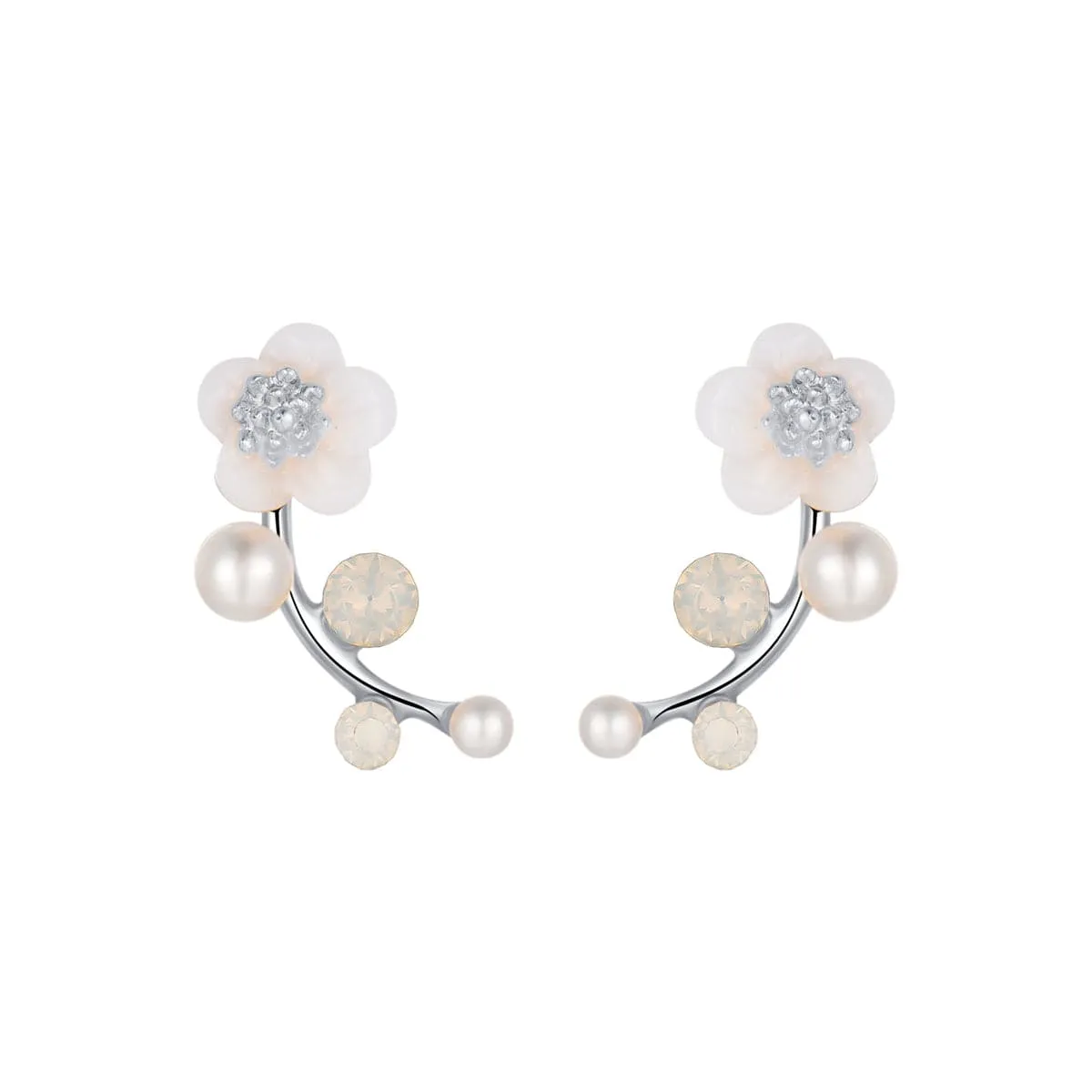 Shell & Pearl Silver-Plated Floral Ear Climbers