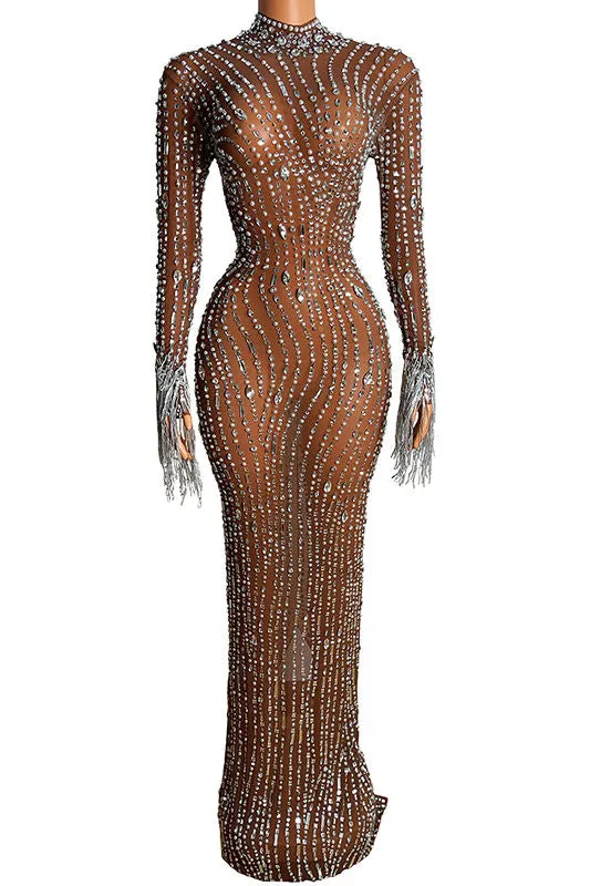 Shiny diamonds brown mesh dress