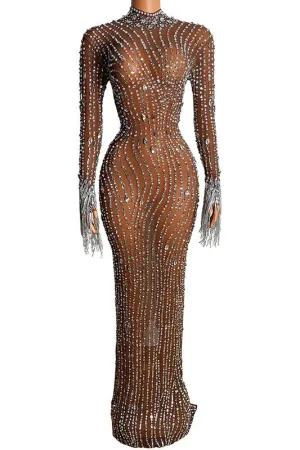 Shiny diamonds brown mesh dress