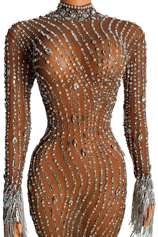 Shiny diamonds brown mesh dress